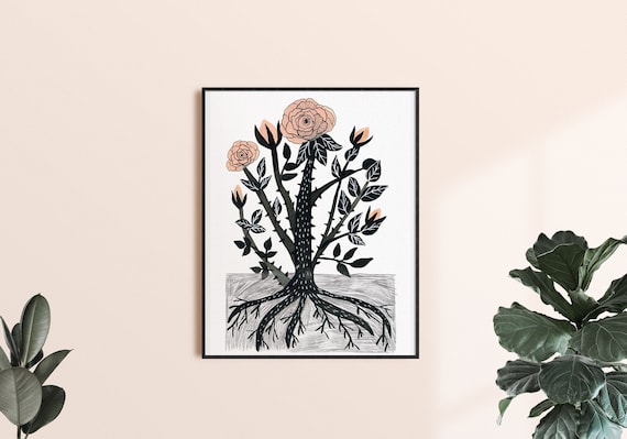 Pink Rose Art Print, Botanical Art, Floral Illustration, Pink Flower Wall Art, Plant Art Prints, Nature Wall Art, Living Room Wall Prints