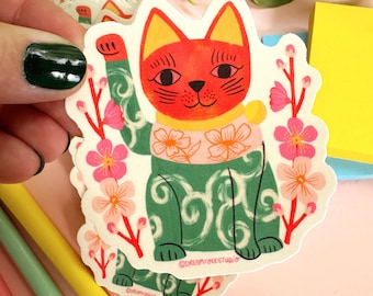 Maneki Neko Aufkleber, glückliche japanische Katze Aufkleber, wunderliche Blumenillustration