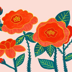 May include: A digital illustration of three red flowers with yellow centres and green leaves on a pink background.