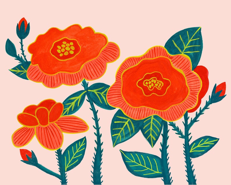 May include: A digital illustration of three red flowers with yellow centres and green leaves on a pink background.