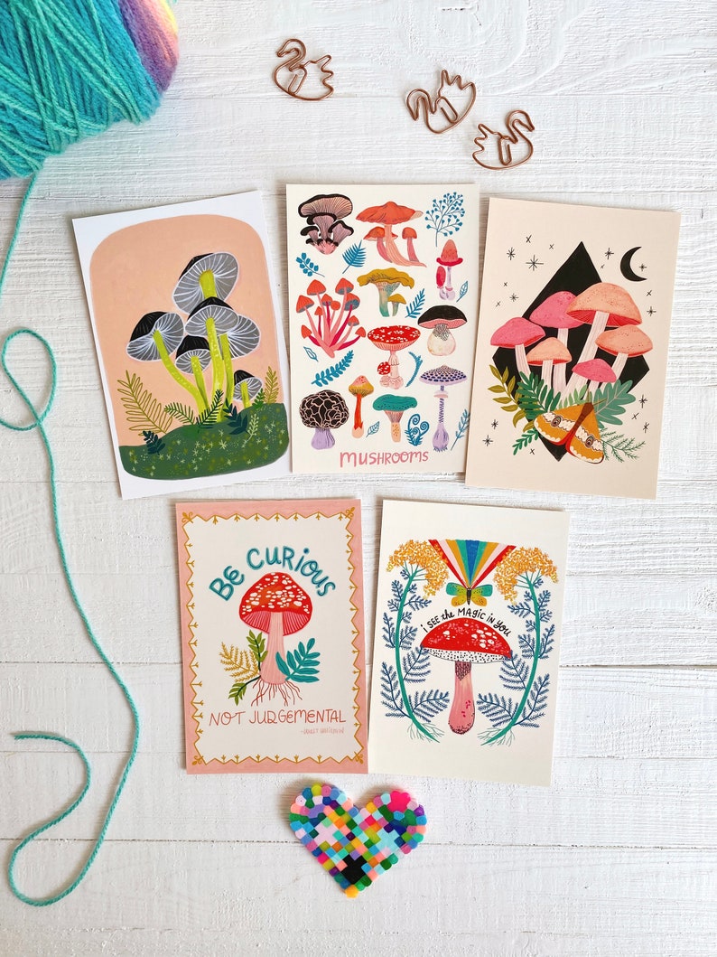 Mushroom Postcard Pack, Set of 10, Mushroom Gift, Nature Illustration, Stationery Set, Colorful Mini Art, Friend Gift Under 20, Snail Mail image 3