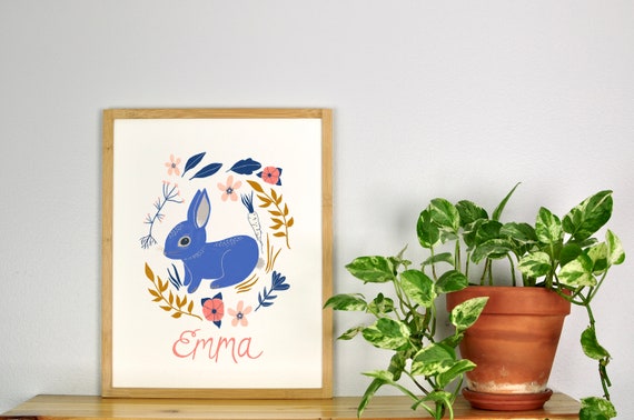 Kids Name Wall Art, Bunny Nursery Decor, Personalized Baby Gift, Woodland Art, Cute Rabbit Art Print, Whimsical Animal Artwork, Newborn Gift
