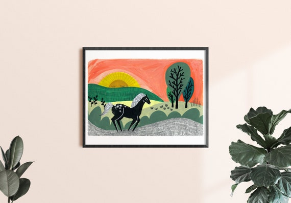 Black Horse Art Print, Farm Animal Prints, Kids Room Art, Baby Nursery Wall Art, Horse Gift for Girls, Farmhouse Decor, Barnyard Animal Art
