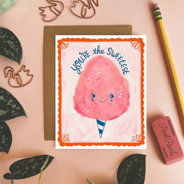 You're the Sweetest Card, Valentine's Day Greeting, Cotton Candy Card, Thinking of You, Friendship Card, Penpal Notecard, Cute Stationery