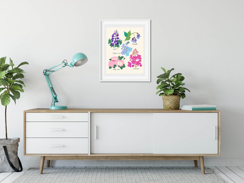 Wildflower Art Print, Botanical Wall Art, Floral Illustration, Baby Nursery Art, Colorful Flower Wall Art, Wildflower Chart, Bathroom Decor image 3