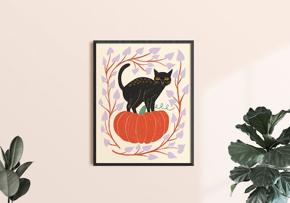Black Cat Wall Art, Halloween Decor, Witchy Art, Fall Home Decor, Autumn Wall Art, Cat and Pumpkin Art, Halloween Artwork