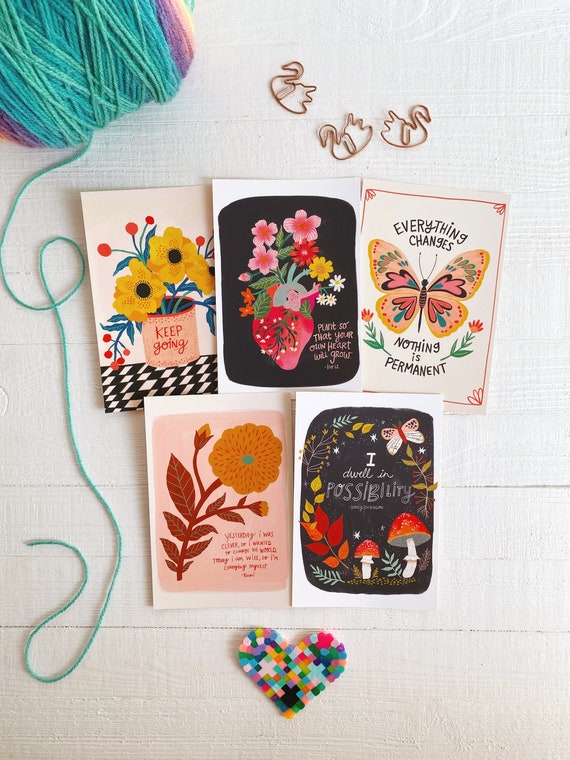 Encouraging Postcard Pack, Cute Postcard Set, Illustrated Notecards, Colorful Stationery, Inspirational Quote Art, Valentines for Friends