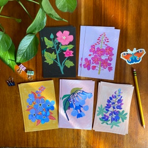 Wildflower Postcard Set, 10 Postcards, Floral Stationery Set, Gifts for Friends, Mountain Bluebells Artwork, Mini Art, Fireweed Illustration