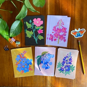 Set de postales de flores silvestres, 10 postales, papelería floral, regalos para amigos, ilustraciones de campanillas de montaña, miniarte, ilustración de epilobio