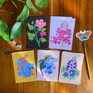 Wildflower Postcard Set, 10 Postcards, Floral Stationery Set, Gifts for Friends, Mountain Bluebells Artwork, Mini Art, Fireweed Illustration image 1