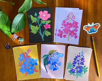 Wildflower Postcard Set, 10 Postcards, Floral Stationery Set, Gifts for Friends, Mountain Bluebells Artwork, Mini Art, Fireweed Illustration