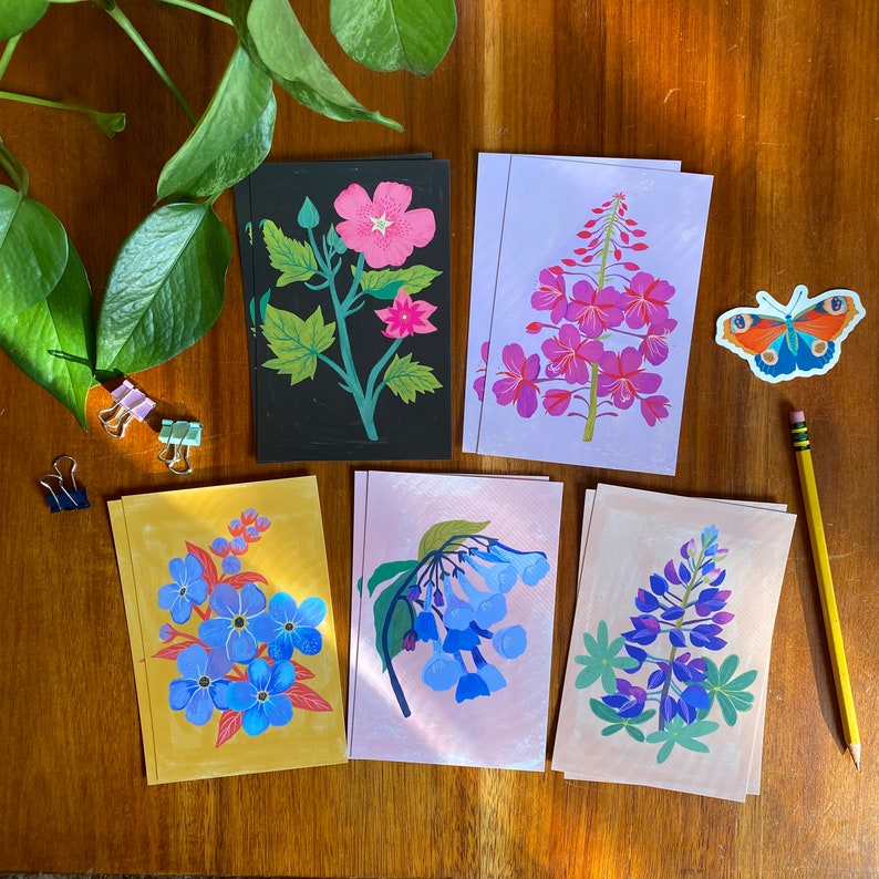 Wildflower Postcard Set, 10 Postcards, Floral Stationery Set, Gifts for Friends, Mountain Bluebells Artwork, Mini Art, Fireweed Illustration image 1