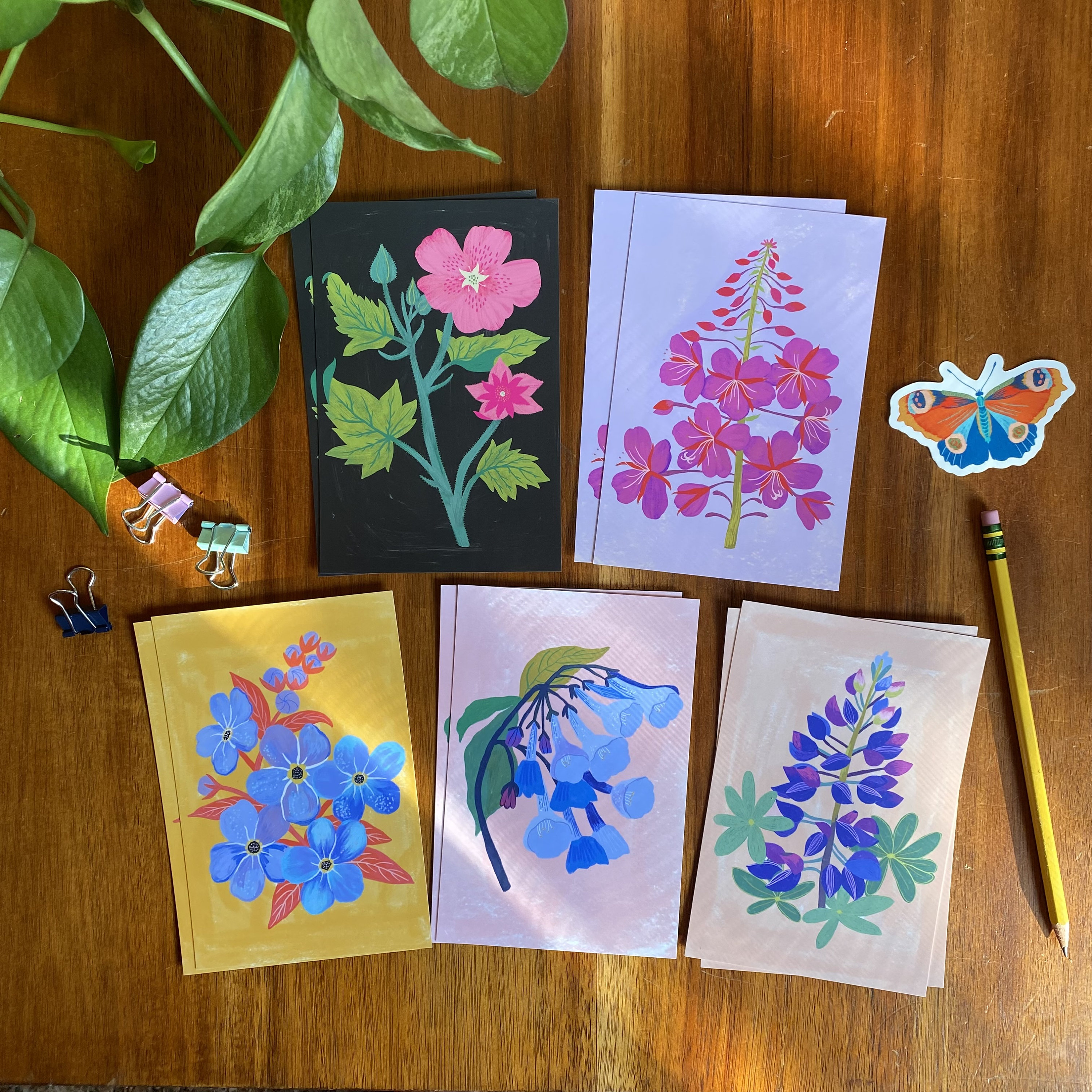 Wildflower Postcard Set, 10 Postcards, Floral Stationery Set, Gifts for Friends, Mountain Bluebells Artwork, Mini Art, Fireweed Illustration