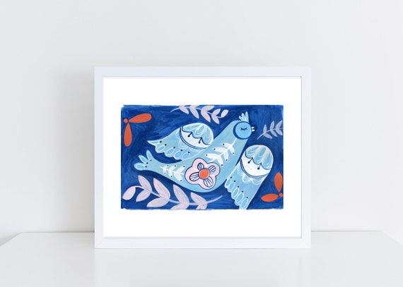 Blue Bird Wall Art, Folk Bird Print, Gift for her, Bird Lover Gift, Whimsical Nature Print, Living Room Decor, Folk Art Print, Nursery Art