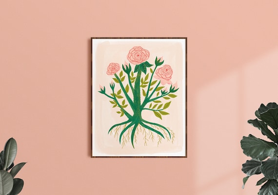 Rose Flower Print, Pink Floral Wall Art, Flower Art Print, Colorful Bedroom Art, Kids Room Decor, Living Room Art, Botanical Illustration,