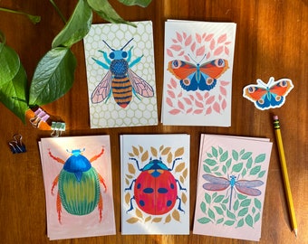 Insect Postcard Pack, Set of 10, Nature Gift, Bug Stationery Set, Bee Illustration, Butterfly Art, Ladybug Artwork, Dragonfly Postcard