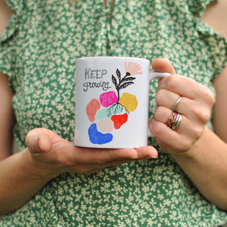 Keep Growing Coffee Mug, Self Love Mug, Self Care Gift, Inspirational Gift for Her, Mugs with Sayings, Mug Quote, Ceramic Coffee Cup Flower image 1
