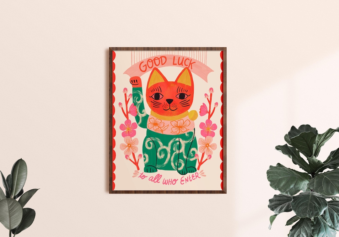 Lucky Cat Art Print, Maneki Neko, Japanese Cat Wall Art, Good Luck and ...