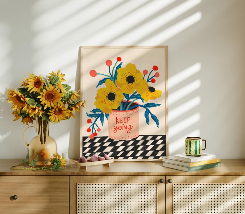 Keep Going Print, Colorful Folk Art Flowers, Inspirational Wall Decor, Encouragement Gift image 3