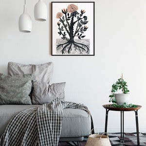 K&ouml;nnte beinhalten: Eine Schwarzwei&szlig;illustration eines Rosenbusches mit rosa Rosen. Der Rosenbusch hat Dornen und Wurzeln. Die Illustration ist in Schwarz gerahmt.