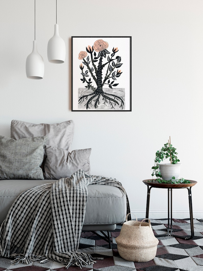 K&ouml;nnte beinhalten: Eine Schwarzwei&szlig;illustration eines Rosenbusches mit rosa Rosen. Der Rosenbusch hat Dornen und Wurzeln. Die Illustration ist in Schwarz gerahmt.