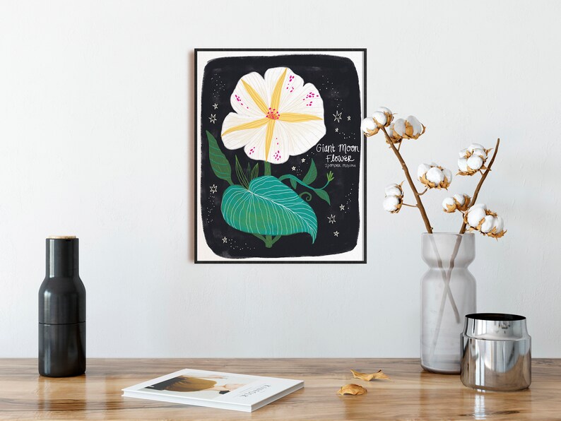 Moon Flower Print, Floral Illustration, Botanical Art Print, Floral Wall Art, White Flower Print, Living Room Wall Decor, Gift for Gardener image 3