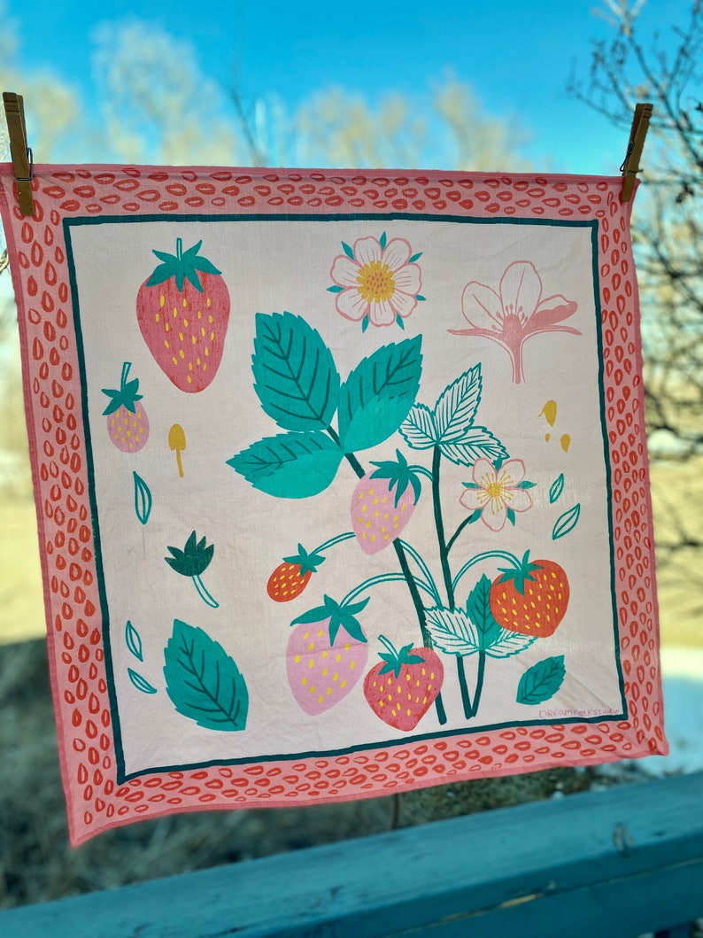 Strawberry Bandana, Cottage Core Hair Scarf, Women's Cotton Bandana, Fruit Neck Scarf, Square Handkerchief, Cute Hiking Scarf, Friend Gift image 3