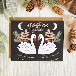 Magical Yule Card, Winter Solstice Notecard, Midwinter Card Set, Yuletide Greeting Cards, Cute Holiday Card Pack, Blank Cards, Swan Artwork