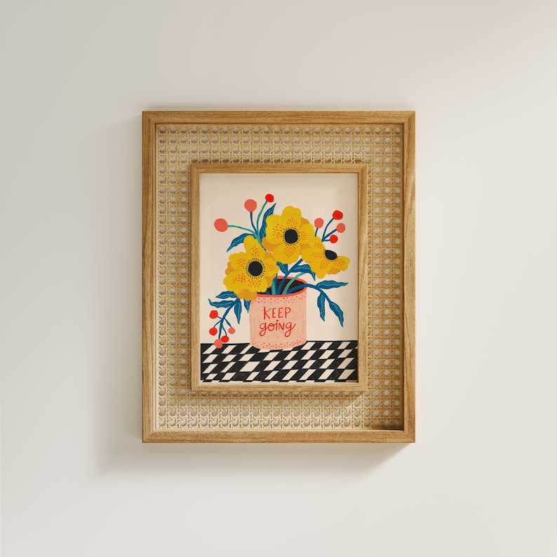 Keep Going Print, Colorful Folk Art Flowers, Inspirational Wall Decor, Encouragement Gift pink, black, yellow