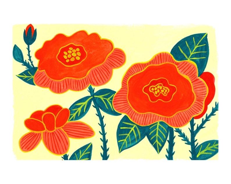 May include: A watercolour painting of three red flowers with yellow centres and green leaves on a yellow background.