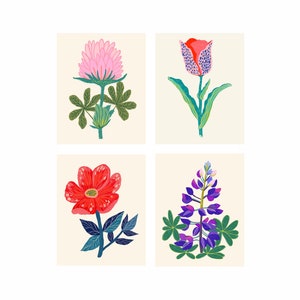 Blumendruck Set, Botanische Kunst, Blumendrucke, 4er Set, Galerie Wandkunst, Blumen Illustrationen, Bunt Büro Kunst, Wohnzimmer Wandkunst