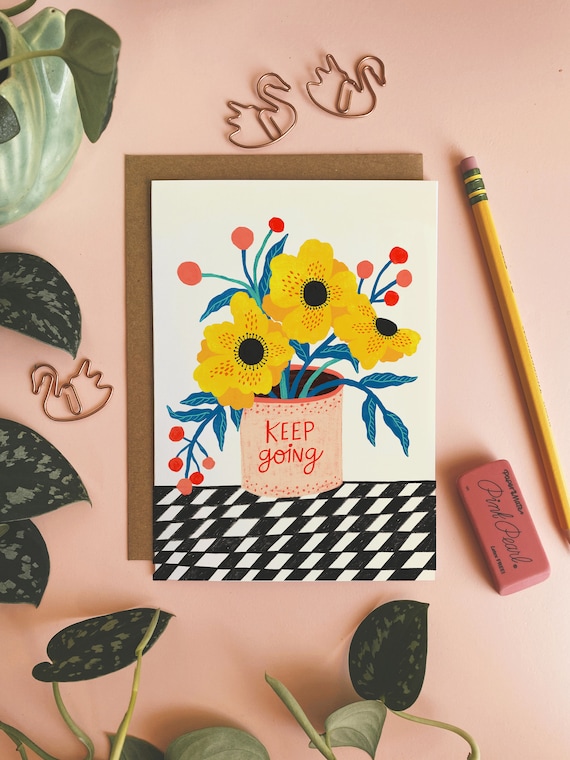 Keep Going Card, Encouragement Card, Motivational Card, Empathy Greeting Card, Thinking of You, Blank Card with Envelope, Card with Flowers