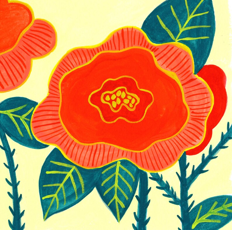 May include: A painting of two red flowers with yellow centres and green leaves on a yellow background.