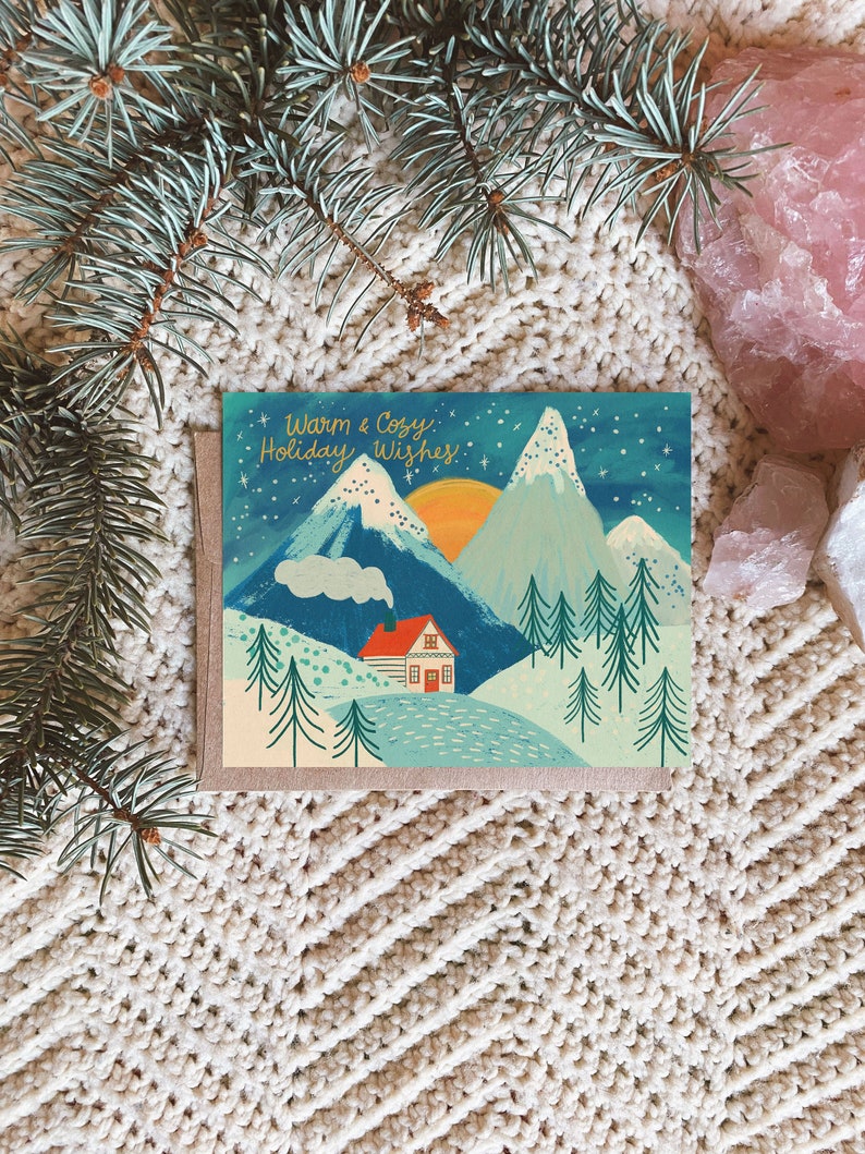 Christmas Greeting Card, Warm and Cozy Holiday Card, Snowy Mountain Scene, Blank Card Set with Envelopes, Illustrated Notecard, Yule Cards image 1