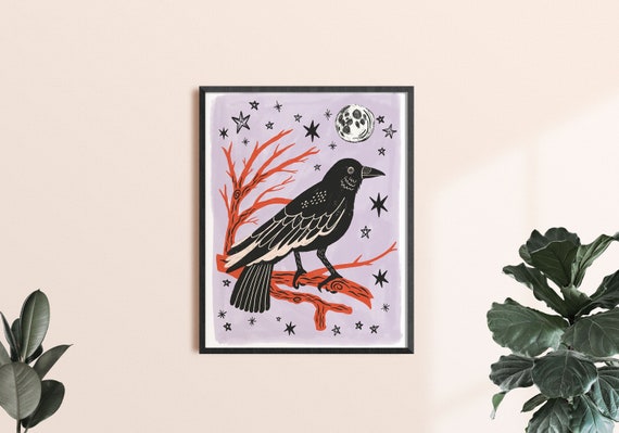Raven Wall Art, Halloween Decor, Witchy Art Print, Mystical Artwork, Fall Home Decor, Autumn Wall Art, Black Bird Illustration, Crow Drawing