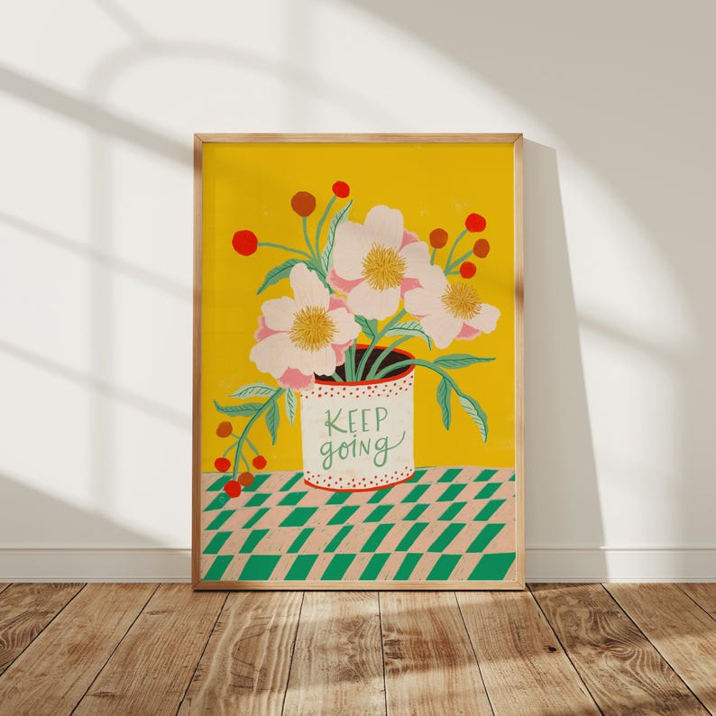 Keep Going Print, Colorful Folk Art Flowers, Inspirational Wall Decor, Encouragement Gift yellow, green, pink