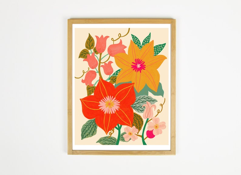 Colorful Floral Wall Art, Botanical Illustration, Boho Wall Decor, Flower Art, Whimsical Art Prints, Living Room Wall Art, Flower Garden Art image 1