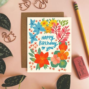 ハッピーバースデー、カラフルな花柄カード、誕生日ノートカード、友達への誕生日カード、グリーティングカード、Bフラワーステーショナリー、中は空白