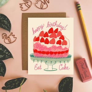 Cartão de aniversário com bolo de morango, interior em branco, cartões de felicitações criativos, cartão desenhado à mão, cartões fofos, papelaria colorida, cartões exclusivos