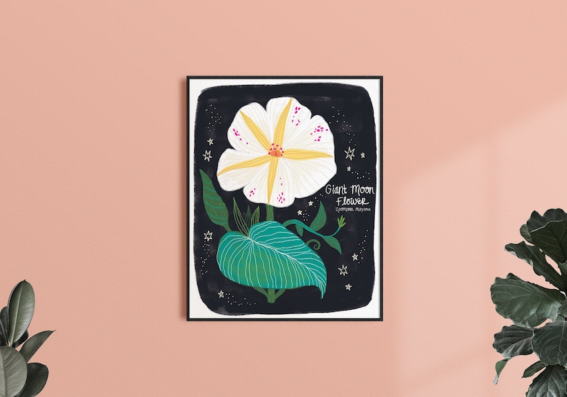Moon Flower Print, Floral Illustration, Botanical Art Print, Floral Wall Art, White Flower Print, Living Room Wall Decor, Gift for Gardener image 1
