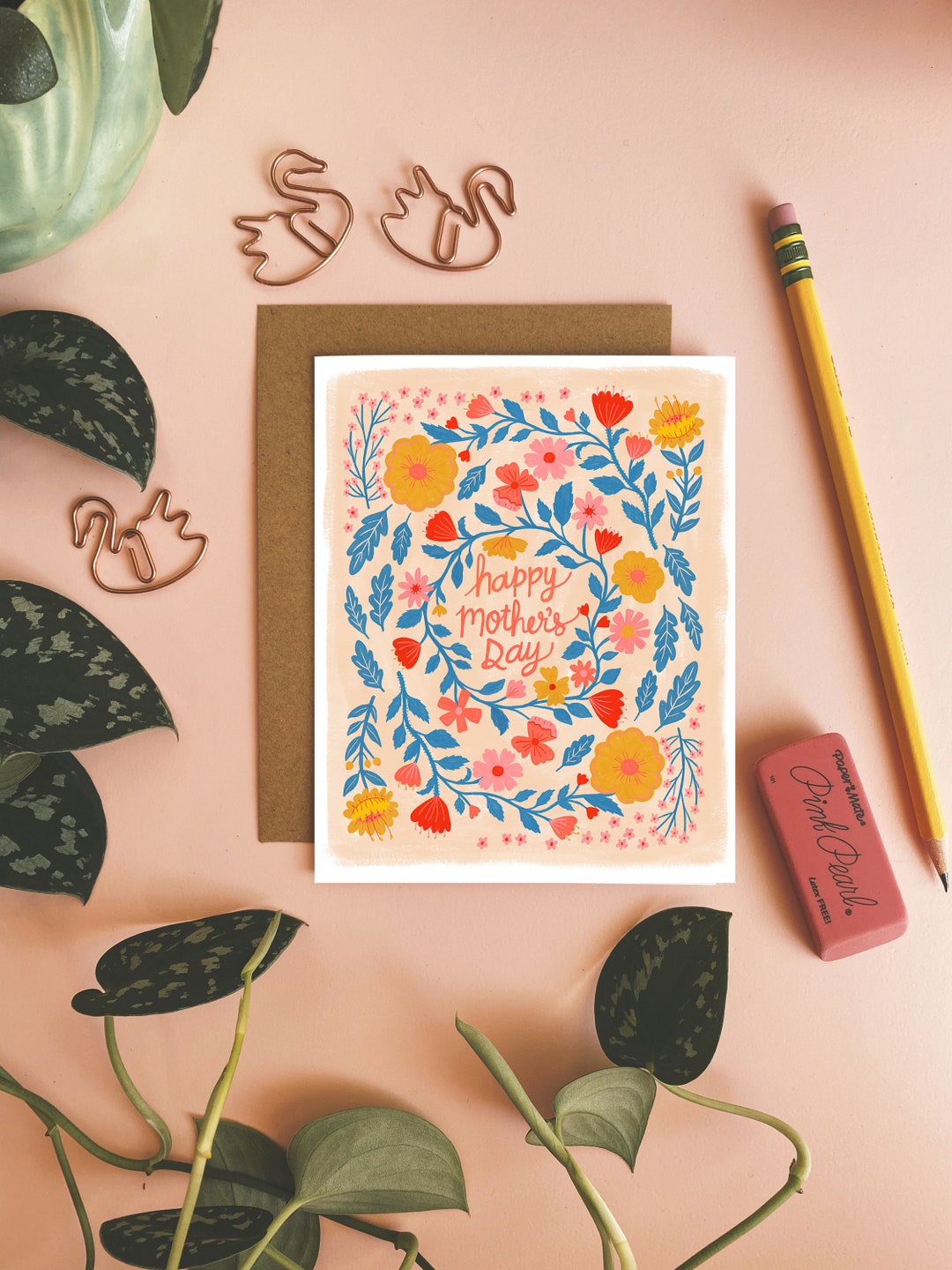 Happy Mother's Day Card, Folk Florals Greeting Card, Blank Inside ...