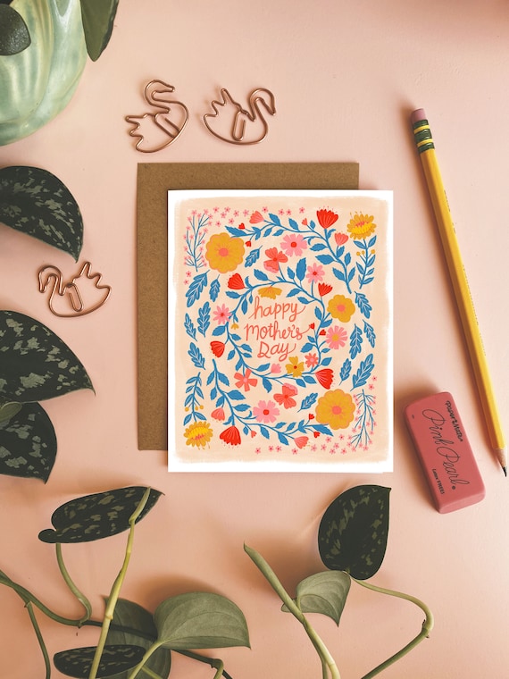 Happy Mother's Day Card, Folk Florals Greeting Card, Blank Inside Notecard, Cute Cards for Mom, Hand Illustrated Cards, Grandma Card