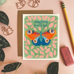 Schmetterling Geburtstagskarte, alles Gute zum Geburtstag für eine schöne Seele, illustrierte Grußkarte, Insekt Briefpapier, bunte Notecards, Freundekarte
