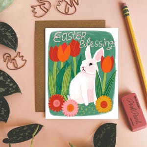 Tarjetas de Pascua, Bendiciones de Pascua, Tarjetas en blanco, Tarjeta de conejito de Pascua con tulipanes, Lindas tarjetas ilustradas, Tarjeta de conejo, Saludo de feliz Pascua