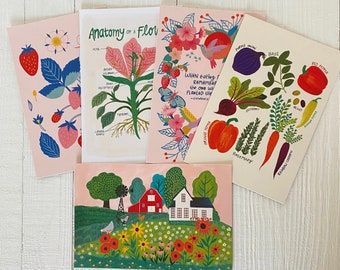 Farm Postcard Set, Fruit and Veggie Postcard Pack, Farmer's Market Cards, Colorful Nature Stationery, Cottagecore Gift, Homestead Notecards