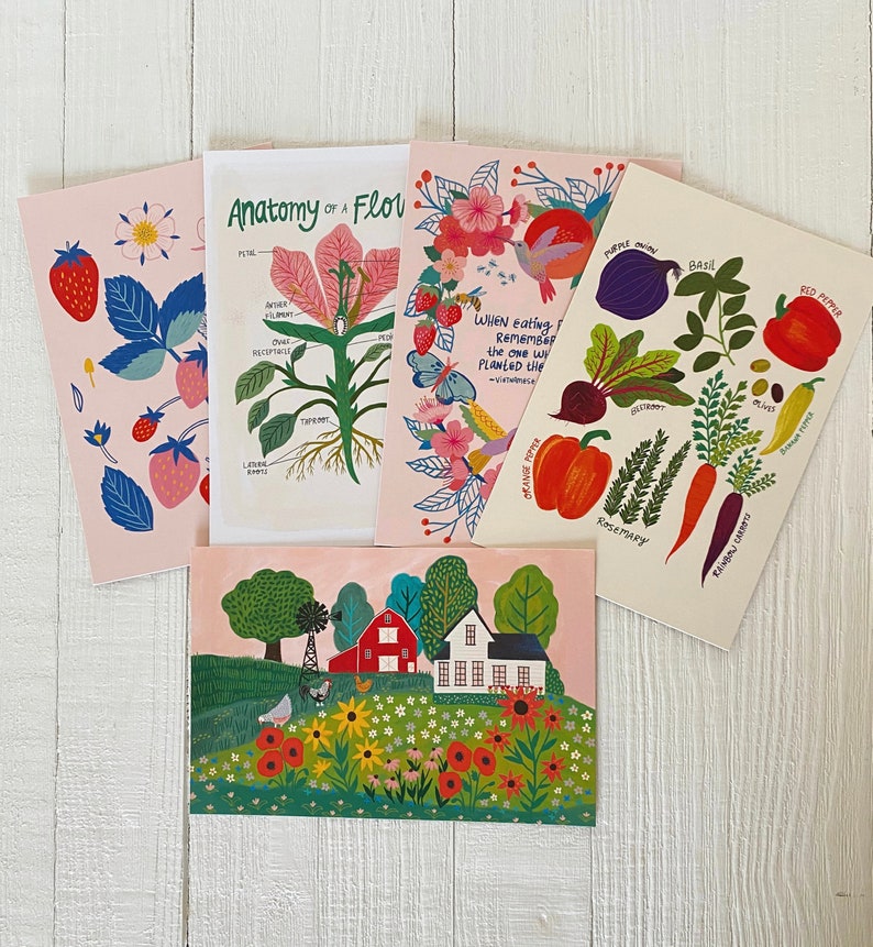 Farm Postcard Set, Fruit and Veggie Postcard Pack, Farmer's Market Cards, Colorful Nature Stationery, Cottagecore Gift, Homestead Notecards image 1