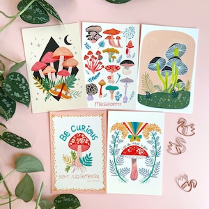 Mushroom Postcard Pack, Set of 10, Mushroom Gift, Nature Illustration, Stationery Set, Colorful Mini Art, Friend Gift Under 20, Snail Mail image 1