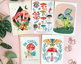 Pack de cartes postales aux champignons, ensemble de 10, cadeau aux champignons, illustration de la nature, ensemble de papeterie, mini art coloré, cadeau d’ami de moins de 20 ans, courrier d’escargot