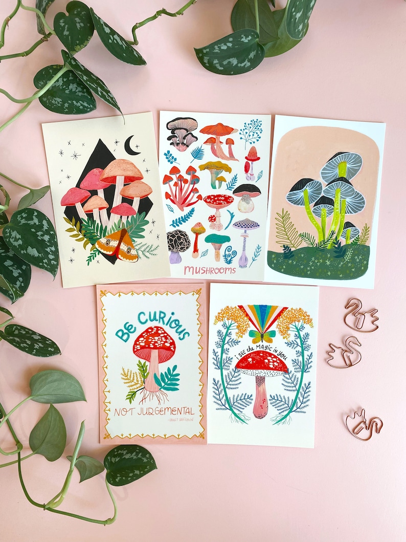 Mushroom Postcard Pack, Set of 10, Mushroom Gift, Nature Illustration, Stationery Set, Colorful Mini Art, Friend Gift Under 20, Snail Mail image 1