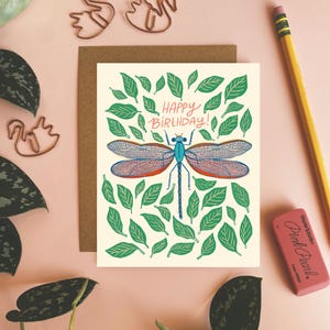 Carte d'anniversaire libellule, papeterie insectes, carte d'anniversaire pour amoureux de la nature, carte illustrée à la main, intérieur vierge, carte de joyeux anniversaire, carte insecte